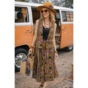 Vintage Ikat Skirt &‎ Vest Set Boho 70s Sleeveless Layered Festival Outfit